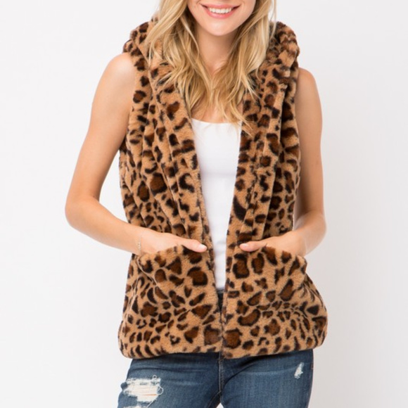Jackets & Blazers - Sleeveless Leopard Vest with Hood